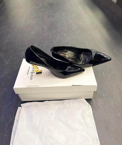 YSL- PATENT BLACK GOLD HEELS